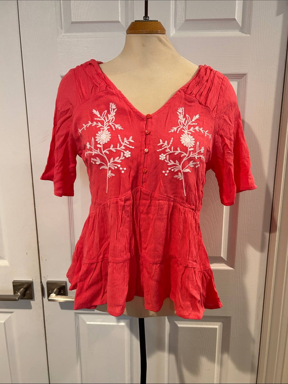 Embroidered Coral Pink V-Neck Peplum Blouse
